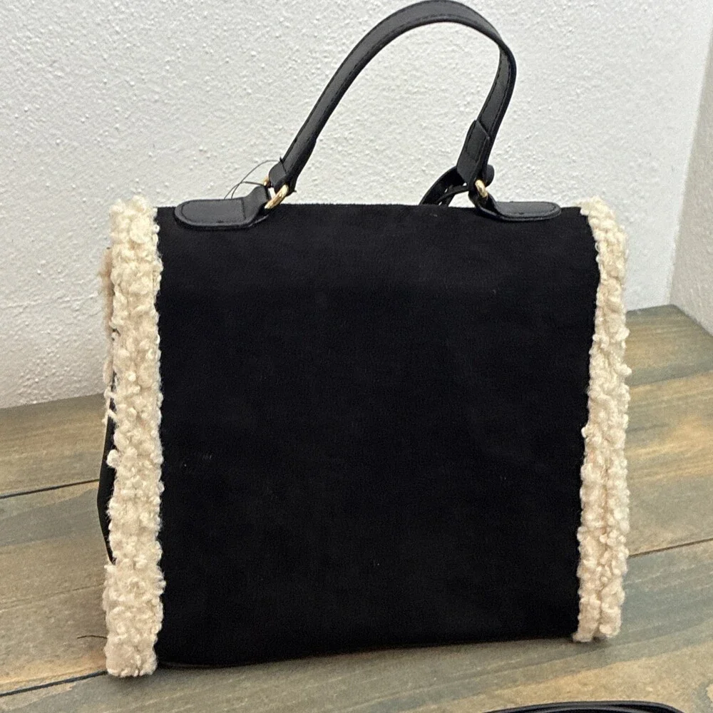Badgley Mischka NWT Shearling Faux Fur Satchel Crossbody Black Handbag(ST) - Picture 5 of 10